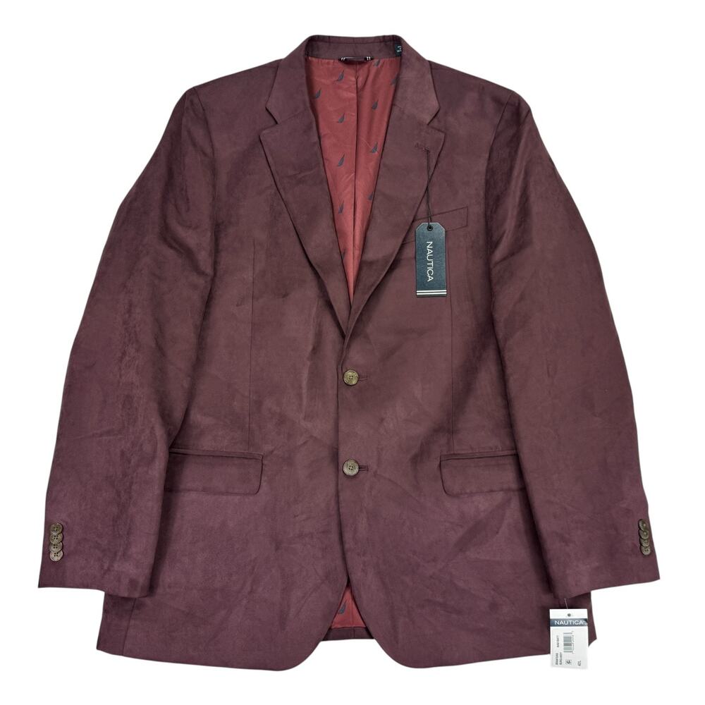 Nautica Mens Modern Fit Faux Suede Sport Coat Burgundy 42L